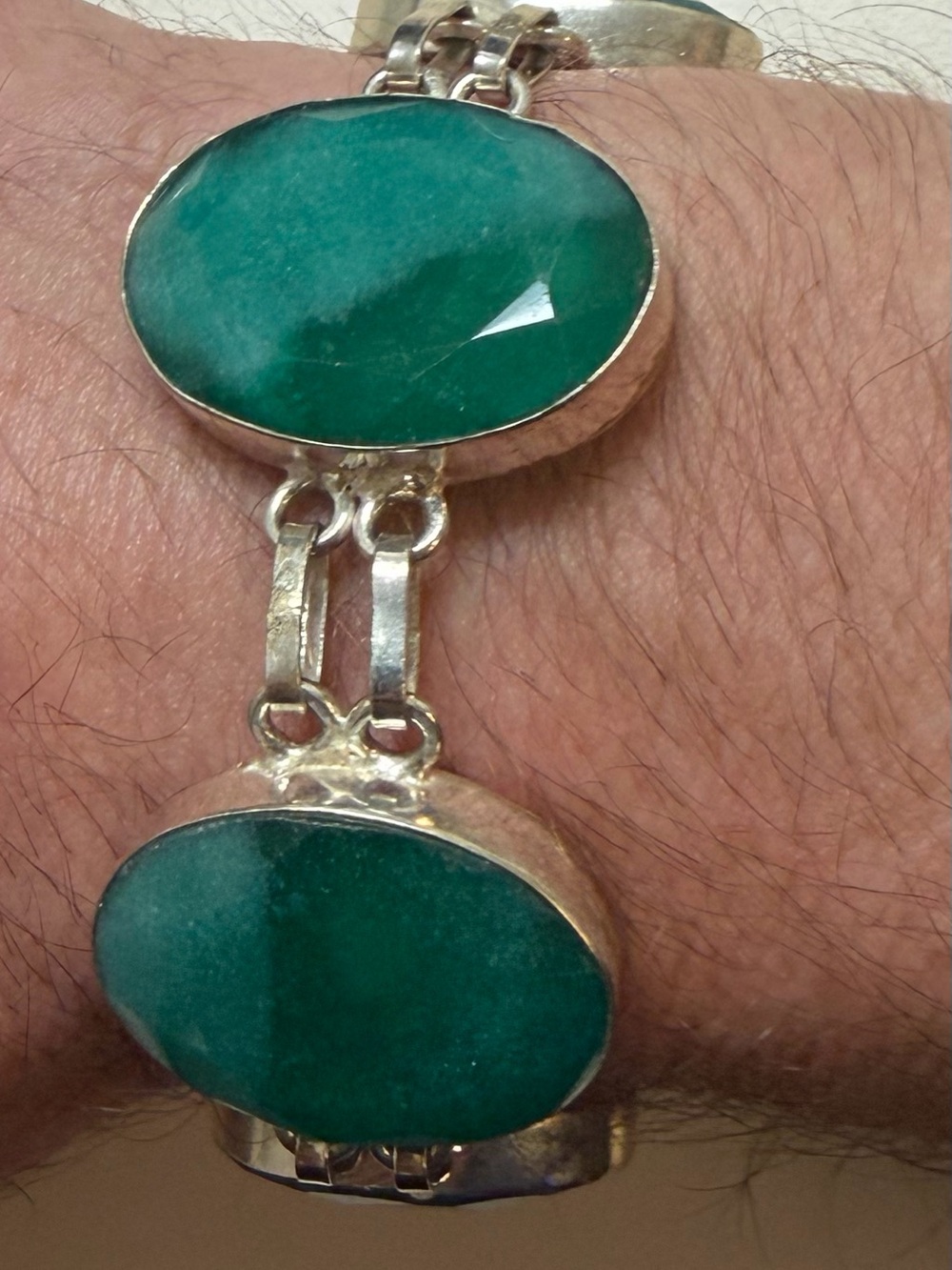 Vintage 9 Inch Sterling Silver 925 Green Onyx Faceted Statement Link Bracelet